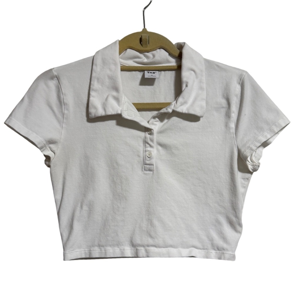 Tna Aritzia Homestretch Cropped Polo Shirt White Short Sleeve Size M